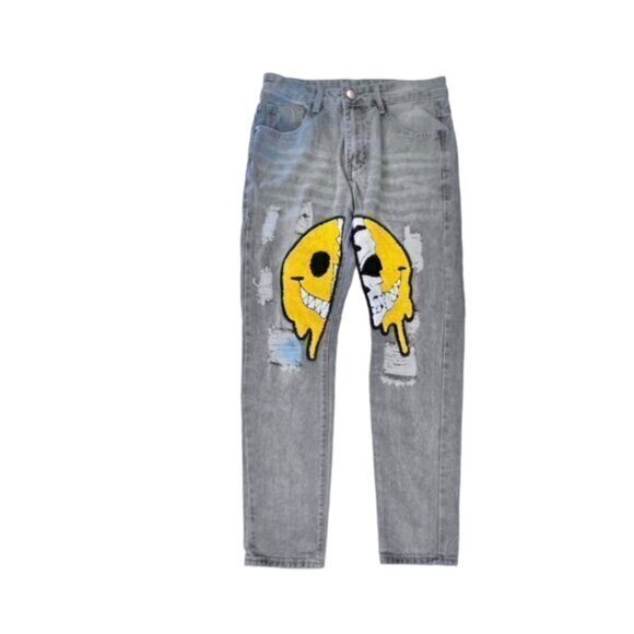🎉SALE🎉 Distressed Denim Jeans Cartoon Graphic‎ Smiley Face Skull Streetwear 30 - Picture 1 of 14